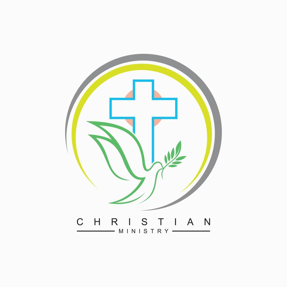 logotipo de la iglesia con el concepto de cruz y paloma en círculo para la iglesia cristiana vector