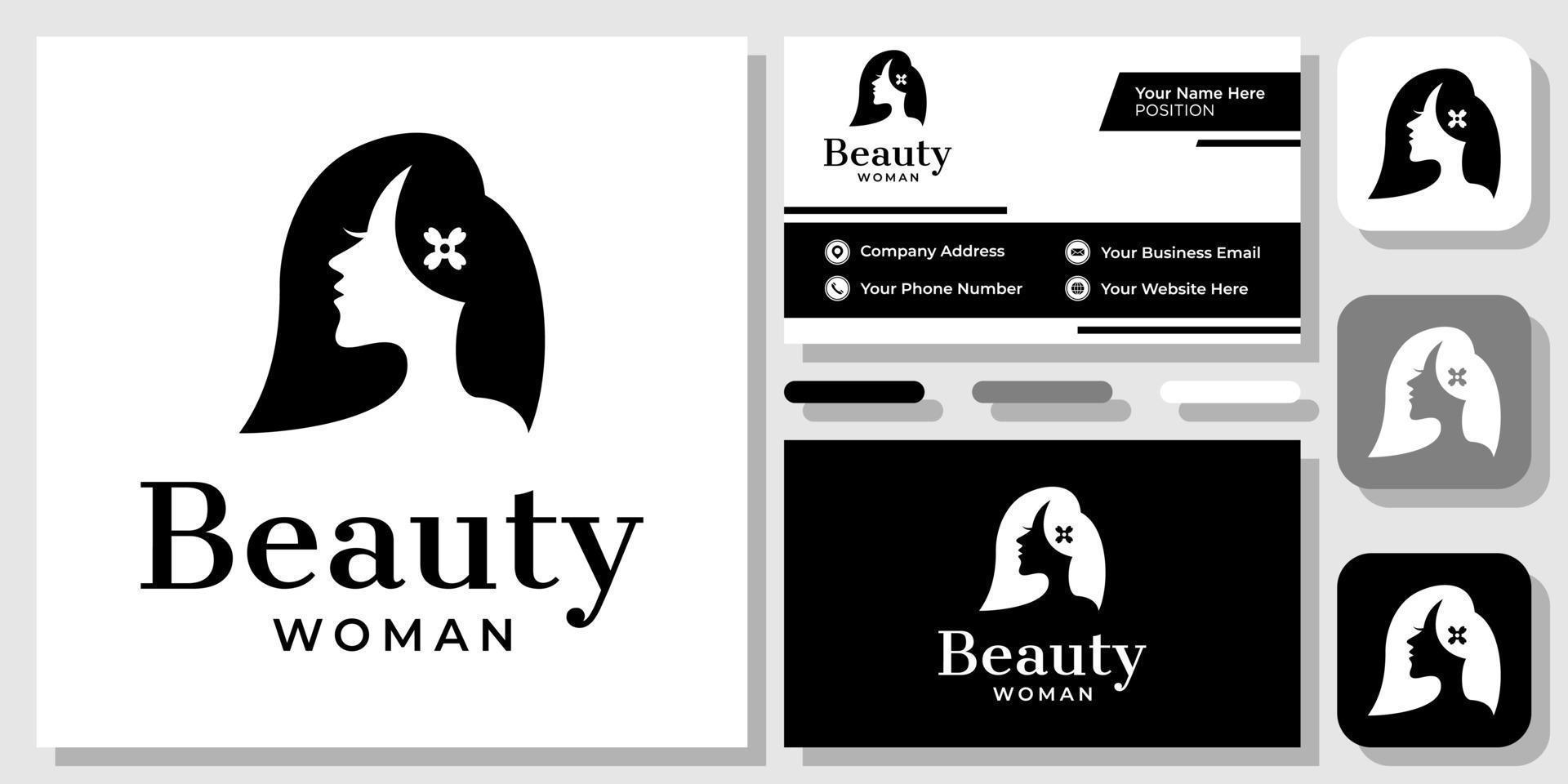 diseño de logotipo de icono de cabeza de salón femenino de cabello de espacio negativo de mujer de cara de belleza con plantilla de tarjeta de visita vector
