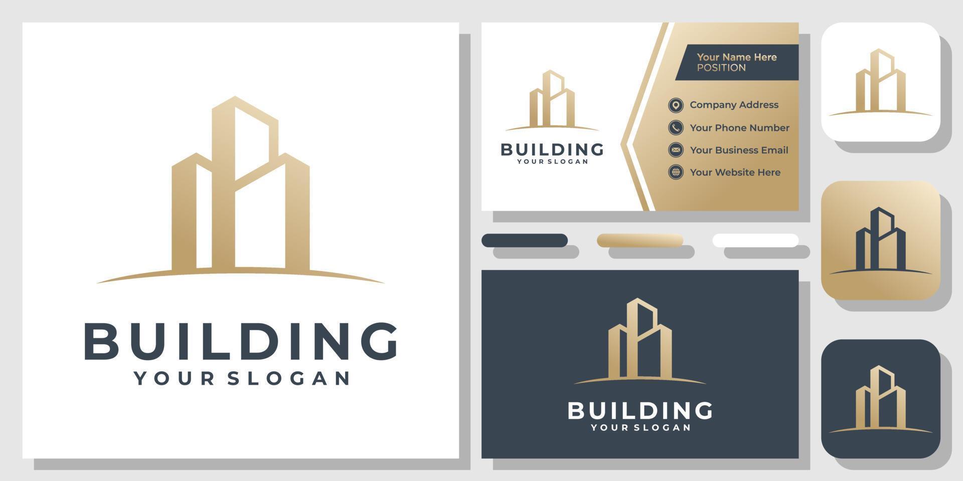 Buildings Gold Luxury Elegant City Abstract Architecture Logo Design with Business Card Template vector