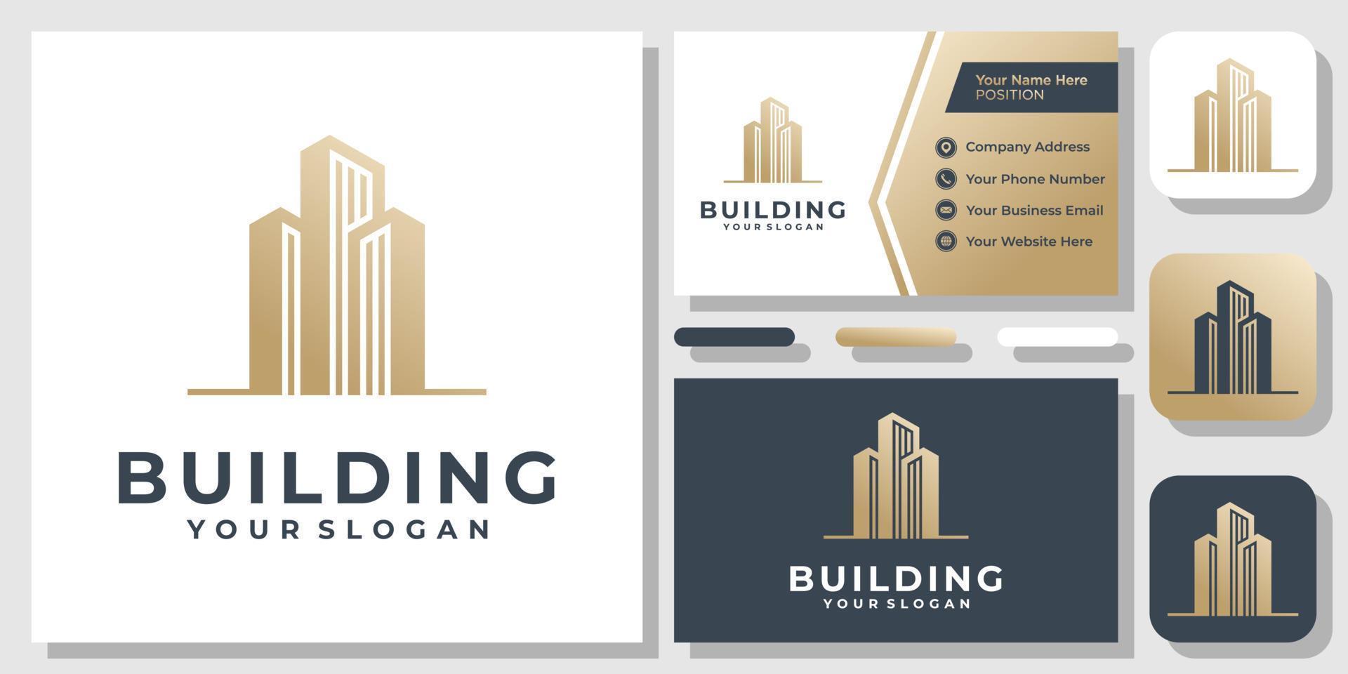 edificios oro lujo elegante ciudad arquitectura abstracta diseño de logotipo con plantilla de tarjeta de visita vector