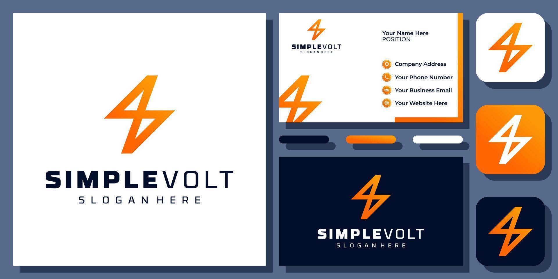 Volt Thunderbolt Electric Flash Energy Power Charge Lightning Vector Logo Design with Business Card