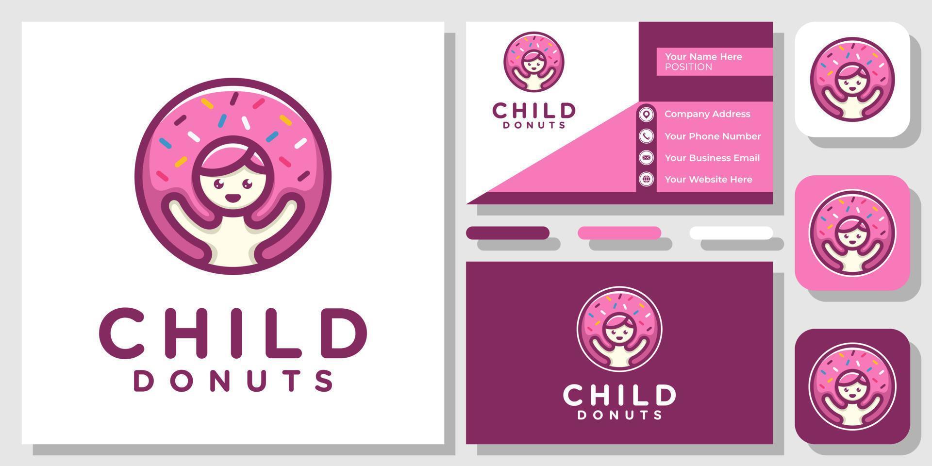 donuts para niños pastel de comida para bebés panadería postre donut azúcar diseño de logotipo con plantilla de tarjeta de visita vector