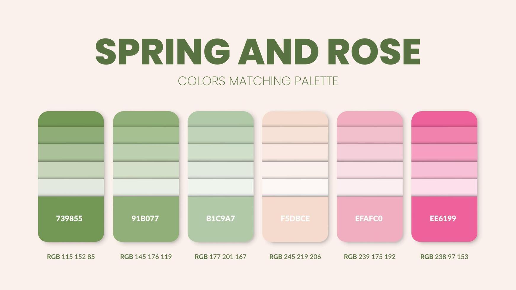 Las paletas de combinación de colores de primavera o los esquemas de colores son combinaciones de tendencias y guías de paletas de este año, tonos de colores de mesa en rgb o hexadecimal. una muestra de color para un diseño fresco de moda, hogar o interior vector