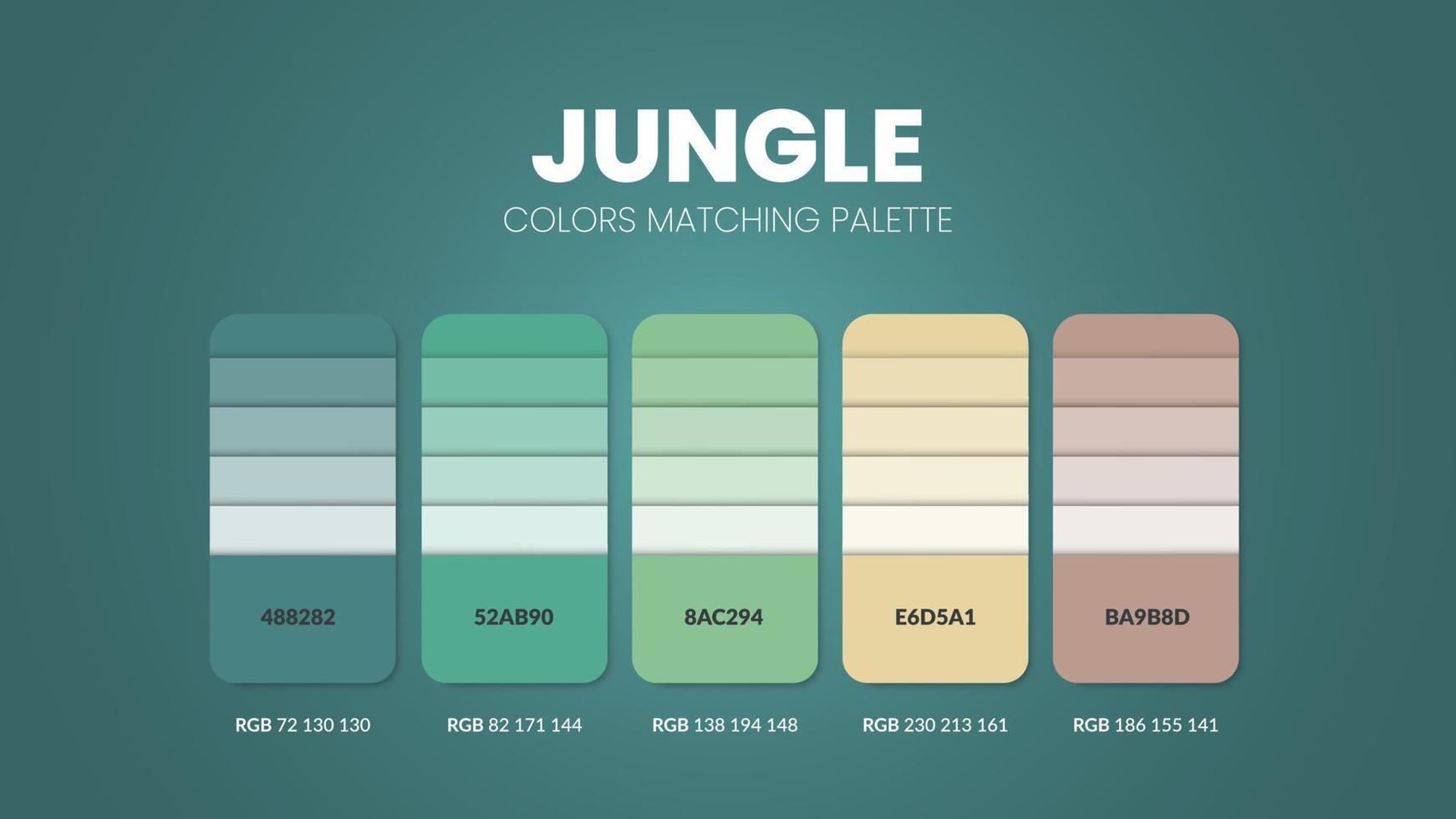 Ideas de esquemas de colores de tonos de la jungla. Las paletas de colores son combinaciones de tendencias y guías de paletas de este año, una tabla de tonos de colores en rgb o hexadecimal. una muestra de color para una moda de primavera, un hogar o un diseño de interiores vector