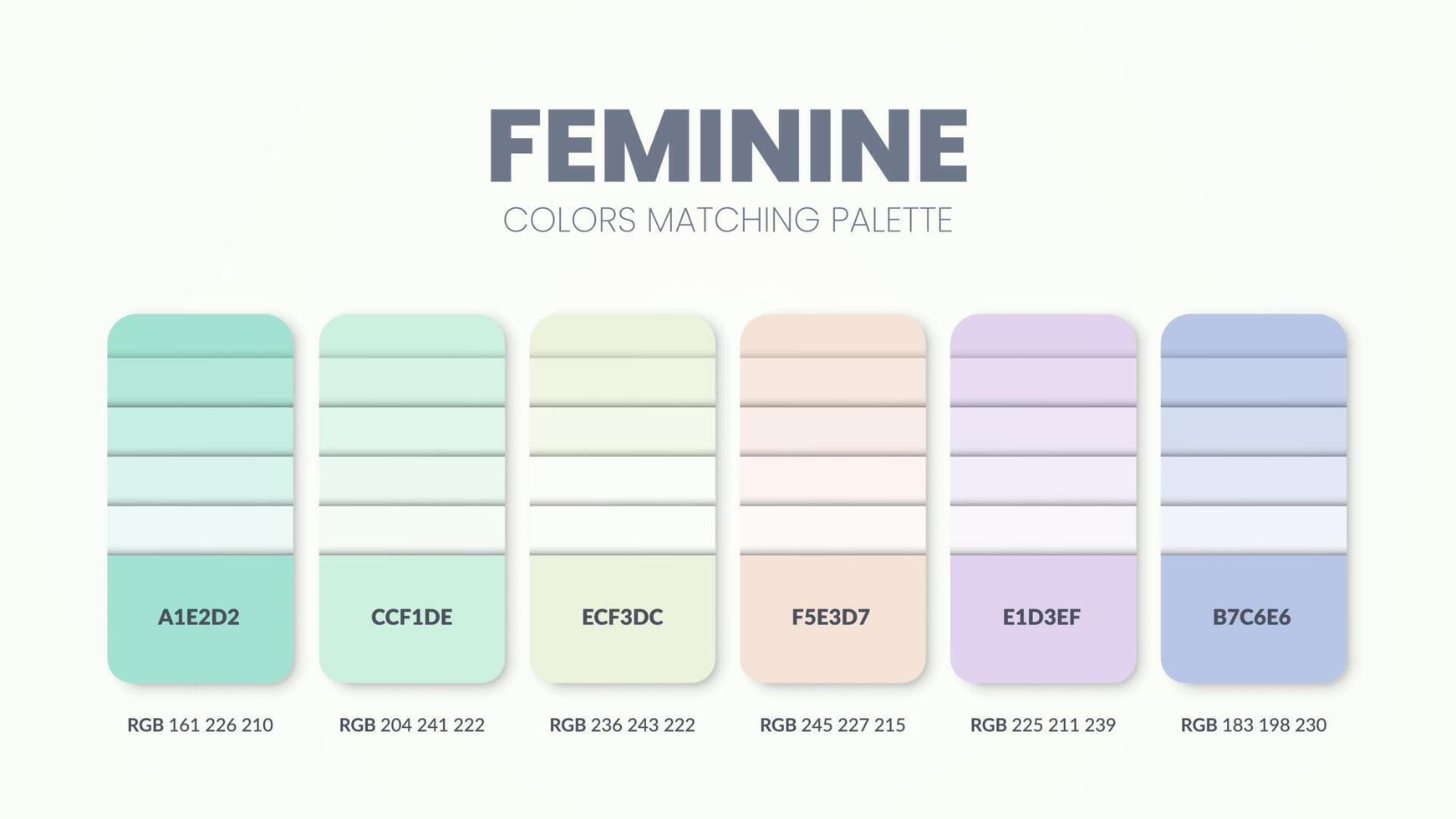 Color schemes ideas for Feminine concept. Color palettes are trends combinations and palette guides this year, a table color shades in RGB or  HEX. A color swatch for fashion, home, or interior design vector