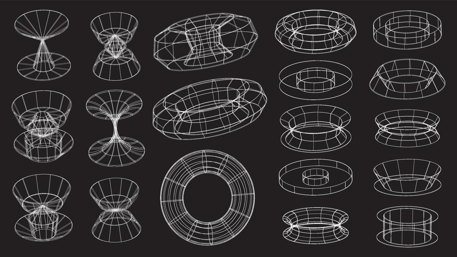 Set of abstract geometric technology elements in cyberpunk style. Retro vintage collection 3d virtual digital design. Texture 80s vr. Futuristic metaverse pattern. Vector isolated template background
