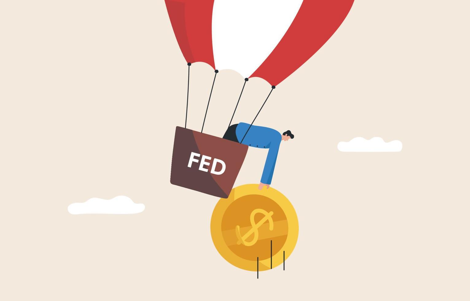 FED, raises interest rates to try to solve the inflation crisis. Inflation and interest rate hikes. A businessman floats on a giant balloon to salvage inflation. vector