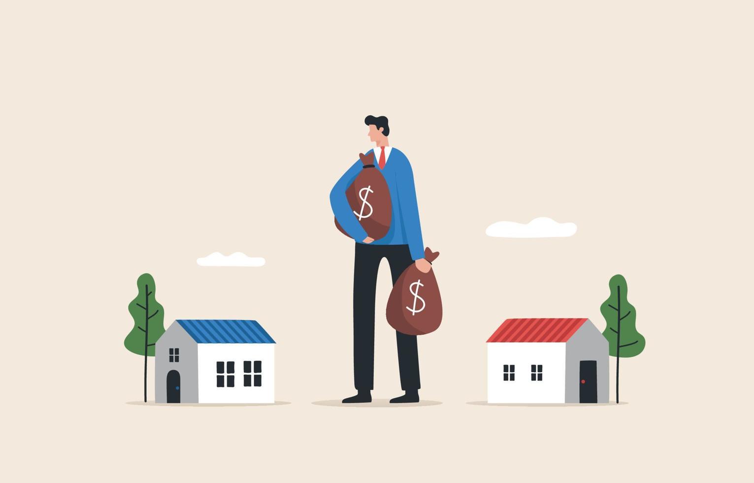 elegir invertir en bienes raíces y tasas de interés de vivienda en un préstamo o alquiler de vivienda. joven o inversionista que busca comprar una casa pequeña. vector