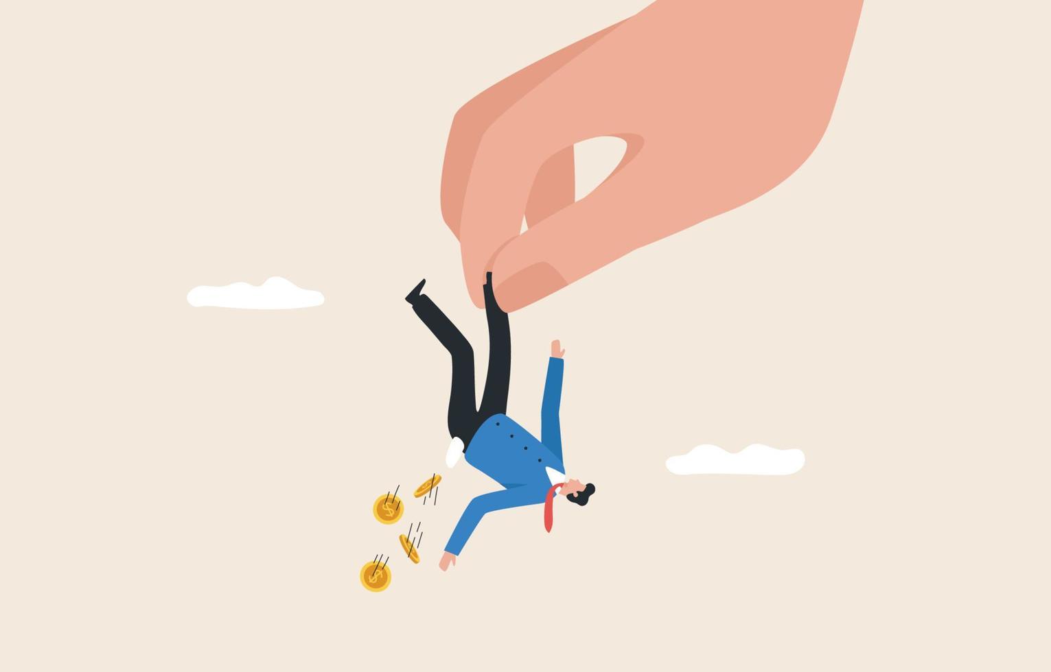 Breaking out of business or investment. Businessman with financial problems. Giant hand holding a businessman hanging upside down. vector