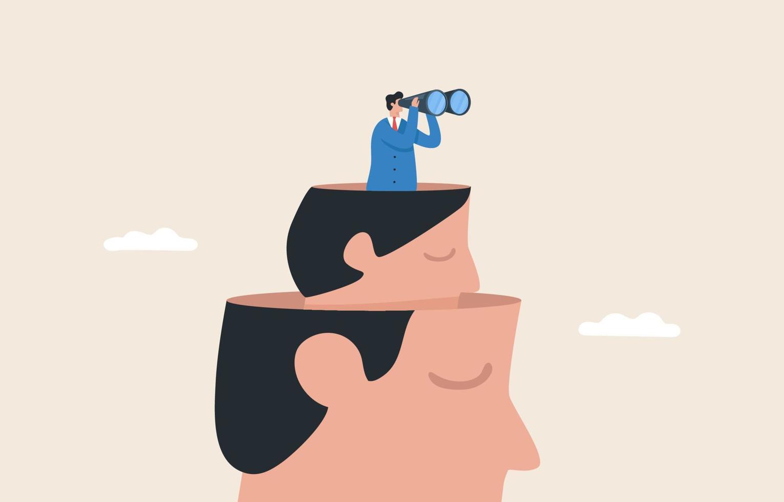 Business Leader Vision. looking for new opportunities add knowledge or the strategy of a business or organization.  Large human head and a man with binoculars business goal search. vector