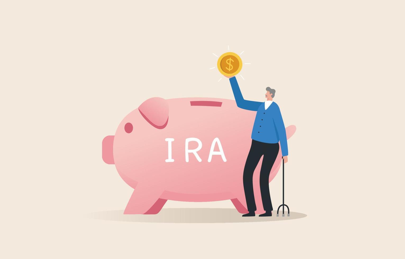 IRA, Individual retirement account. Pension plan for senior retiree, retirement savings fund. The old man and his deposit in the piggy bank. vector