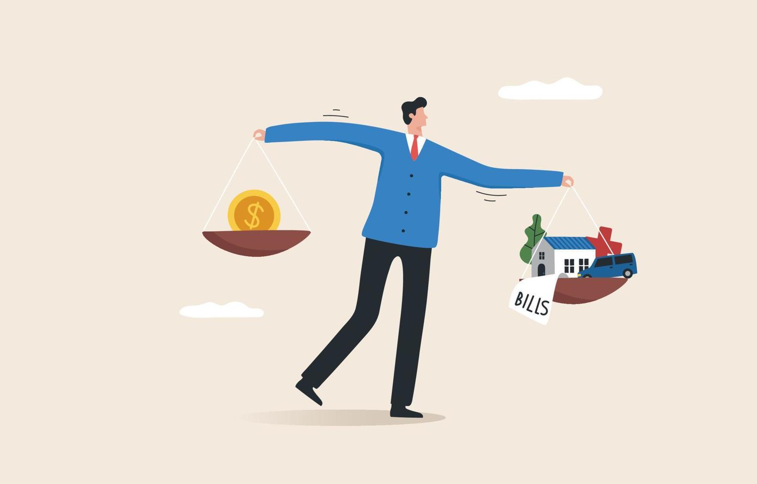 Monthly expenses such as home loan. house rent, car payment, water bill, electricity bill, telephone. taxes bill, life insurance premium payment.Young man or businessman facing financial problems. vector