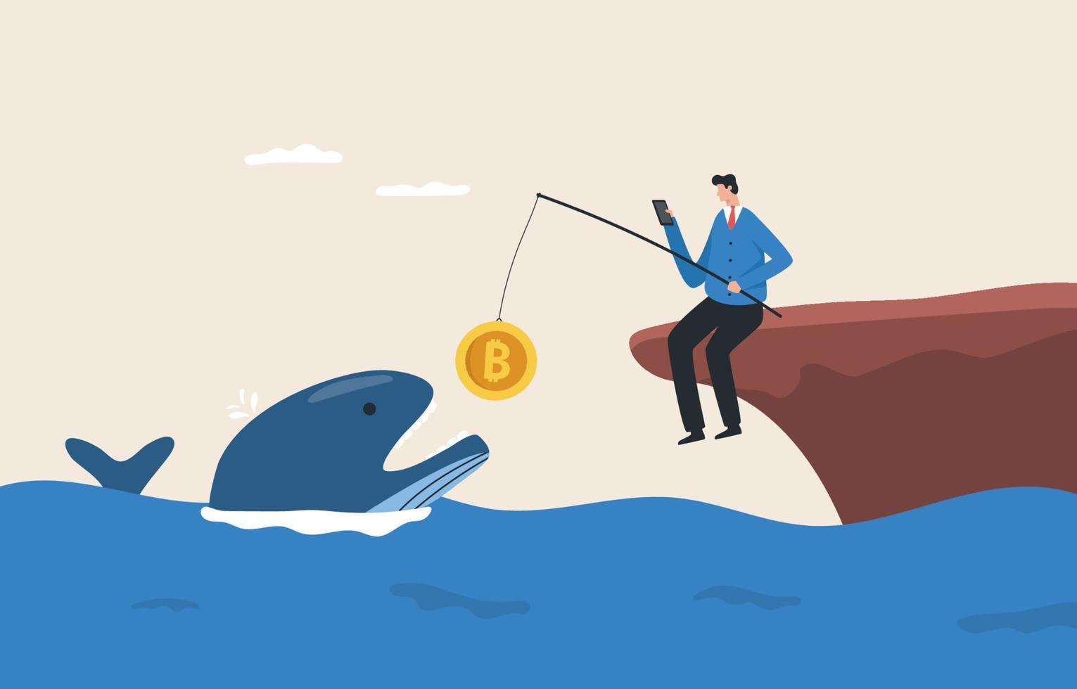 Bitcoin whale concept.  A large trader who owns a large amount of bitcoins or cryptocurrencies. Major holders in influencing market prices fluctuate. vector