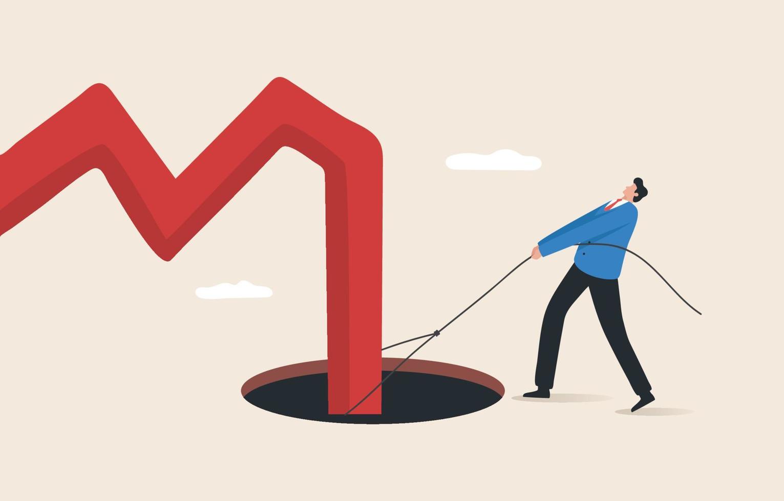 The stock market crashed during a crisis or the bubble burst. investment or economic recession. Investment risk. Man helping arrow chart falling into a black hole as the stock market is turning down. vector