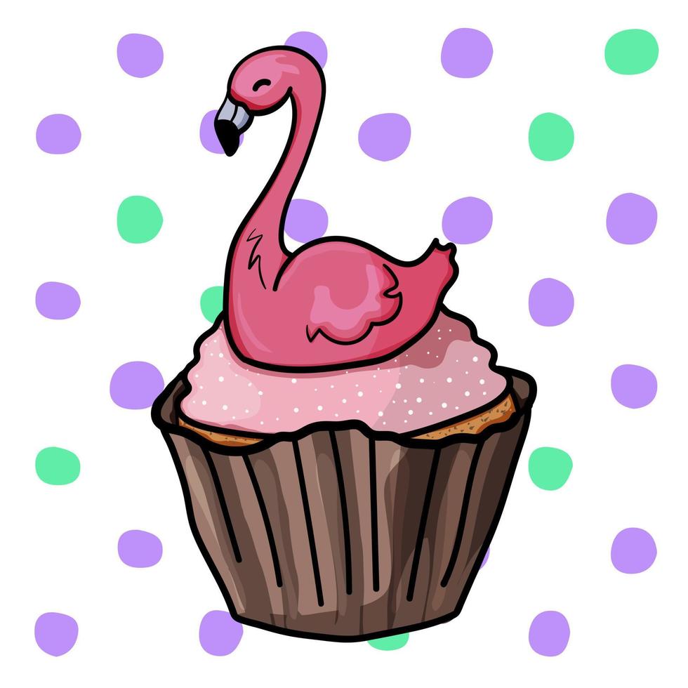 Cupcake with flamingo bird on a background of polka dot vector