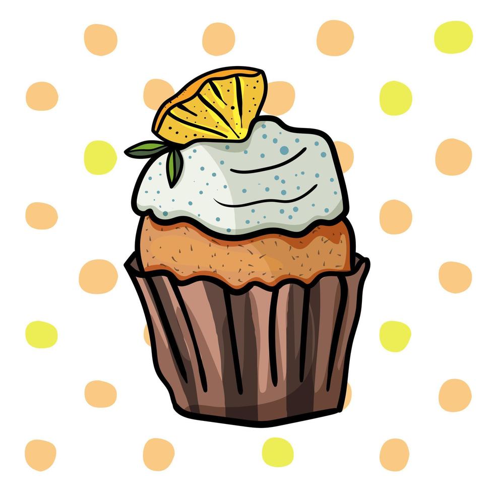 Cupcake with a slice of lemon on a background of polka dot vector