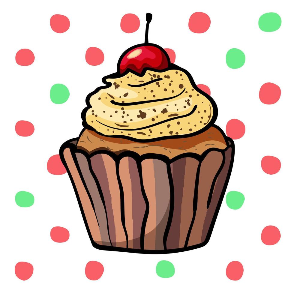 Cupcake with cherry and coffee cream on a background of polka dot vector