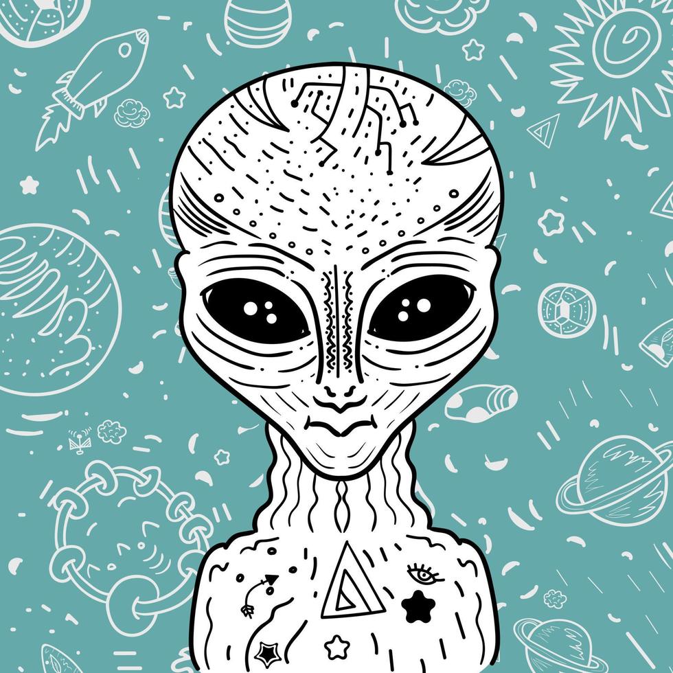 Alien on the background with space doodles vector