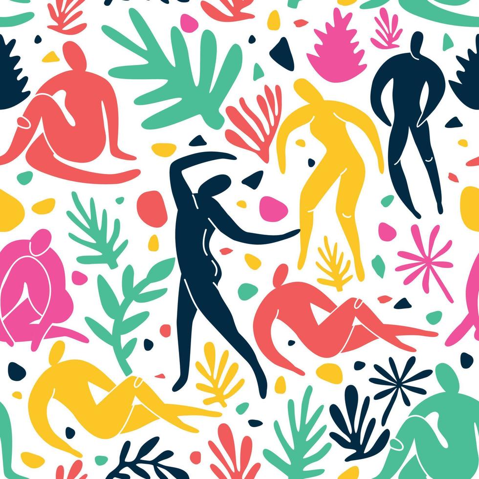 personas abstractas de patrones sin fisuras garabatos e iconos de la naturaleza sobre fondo blanco aislado. colección de verano, formas orgánicas en estilo de arte matisse a mano alzada. arte floral vector