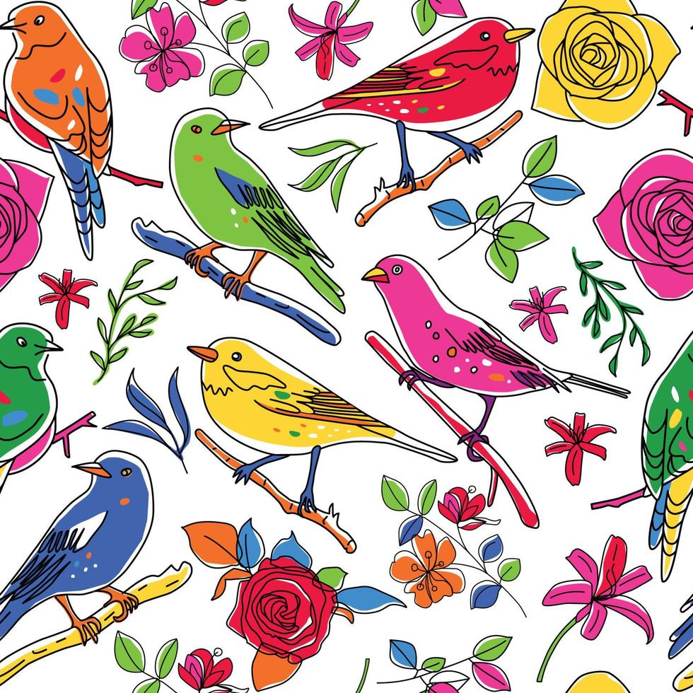 patrón sin costuras pájaros naturaleza animales ilustración. lindos garabatos de pájaros y plantas dibujados a mano. estilo de línea en minimalismo. imagen vectorial vector