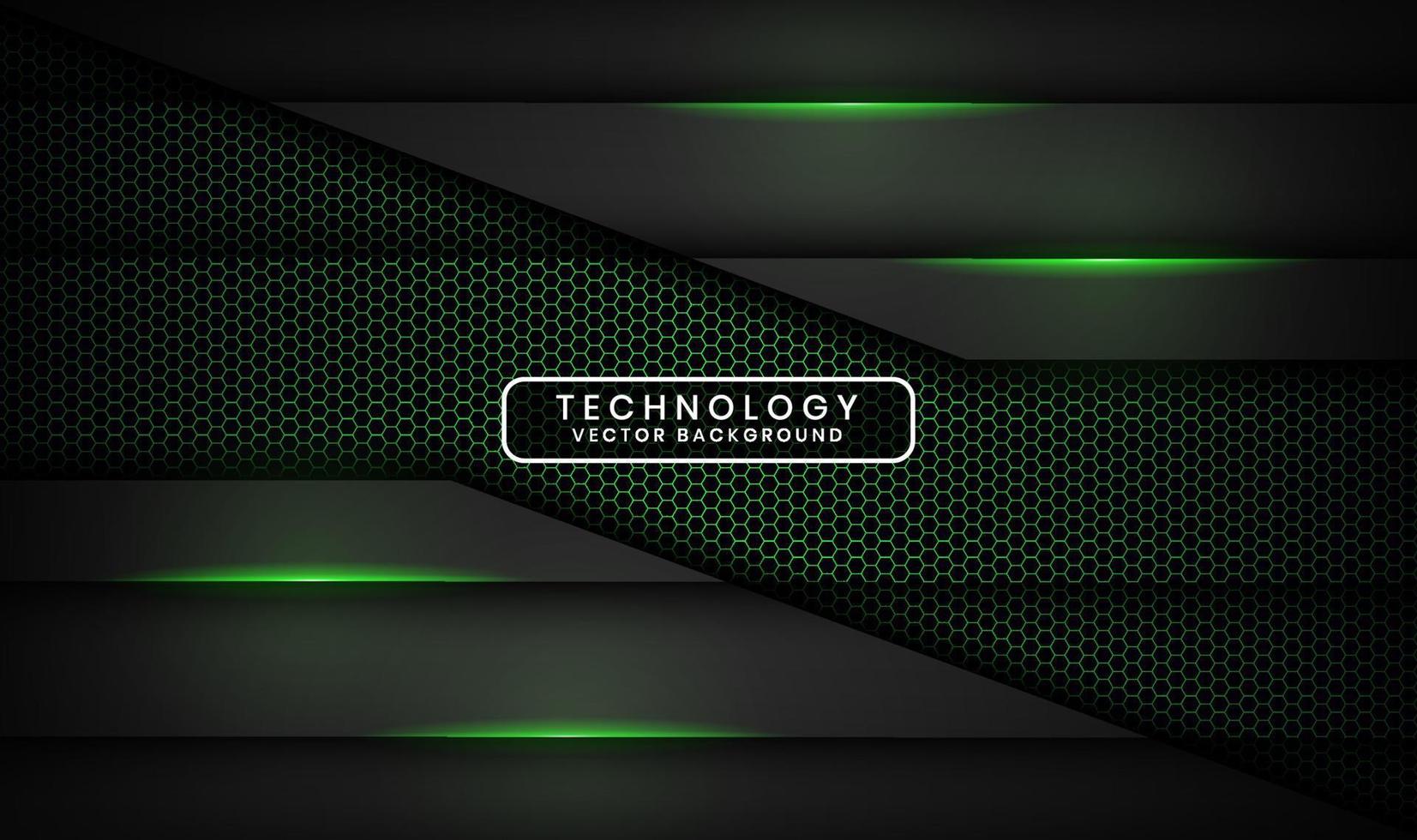 Capa de superposición de fondo abstracto de tecnología negra 3d en espacio oscuro con decoración de efecto de luz verde. elemento de diseño gráfico concepto de estilo futuro para banner, volante, portada de folleto o página de destino vector