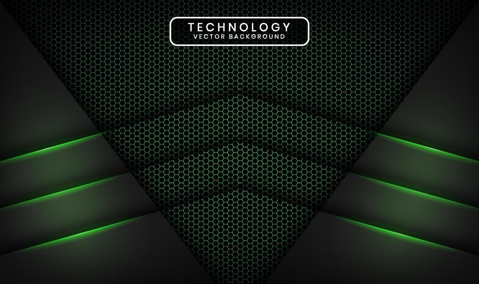 3D black technology abstract background overlap layer on dark space with green light effect decoration. Graphic design element future style concept for banner, flyer, brochure cover, or landing page vector