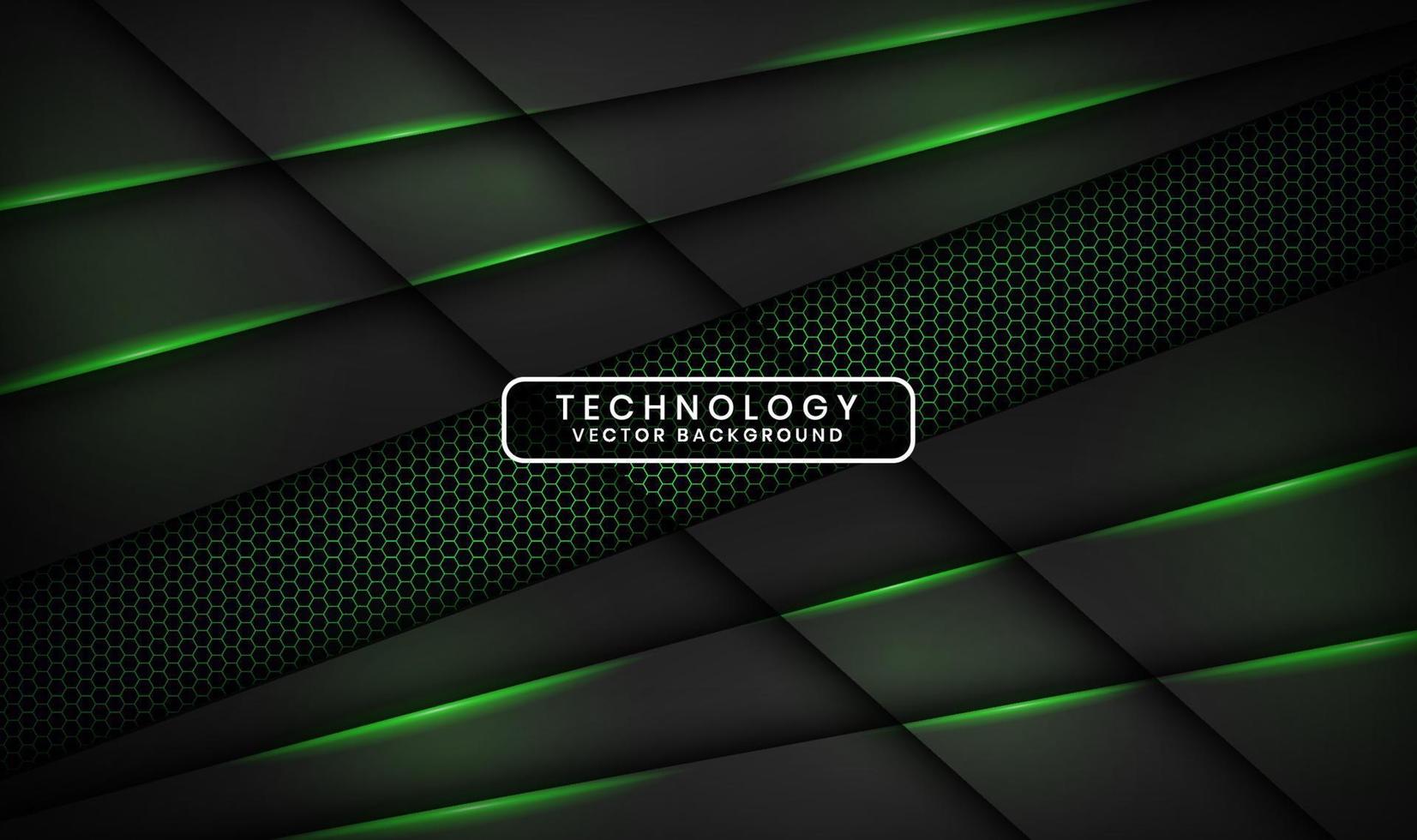 3D black technology abstract background overlap layer on dark space with green light effect decoration. Graphic design element future style concept for banner, flyer, brochure cover, or landing page vector