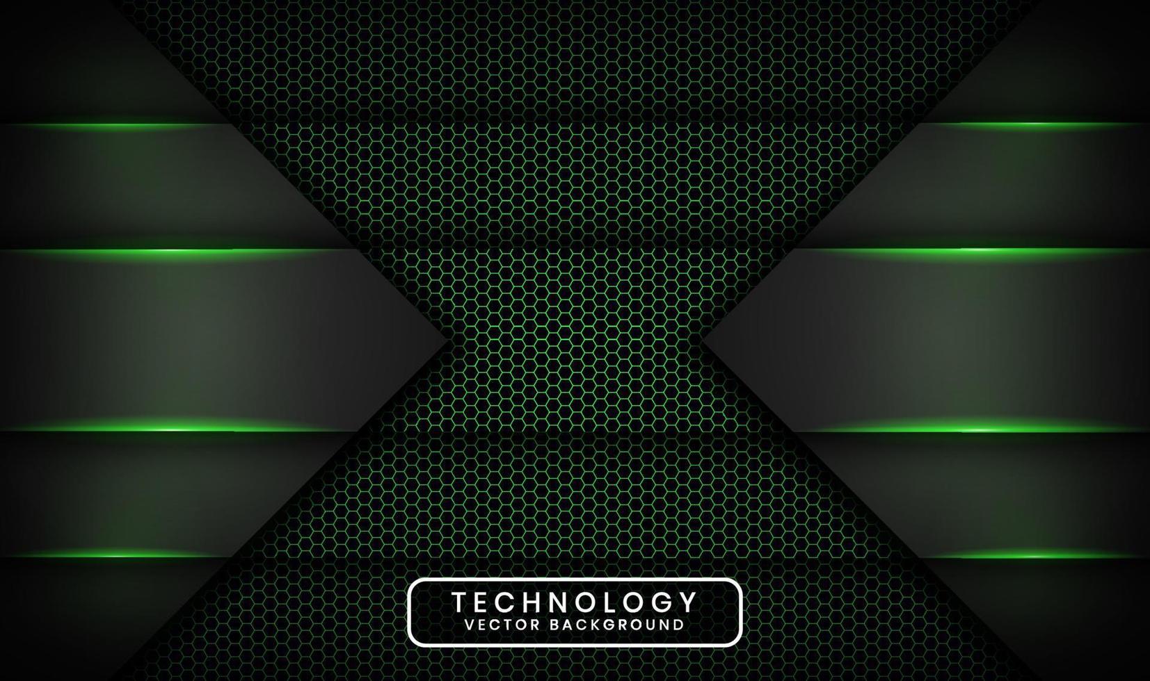 3D black technology abstract background overlap layer on dark space with green light effect decoration. Graphic design element future style concept for banner, flyer, brochure cover, or landing page vector