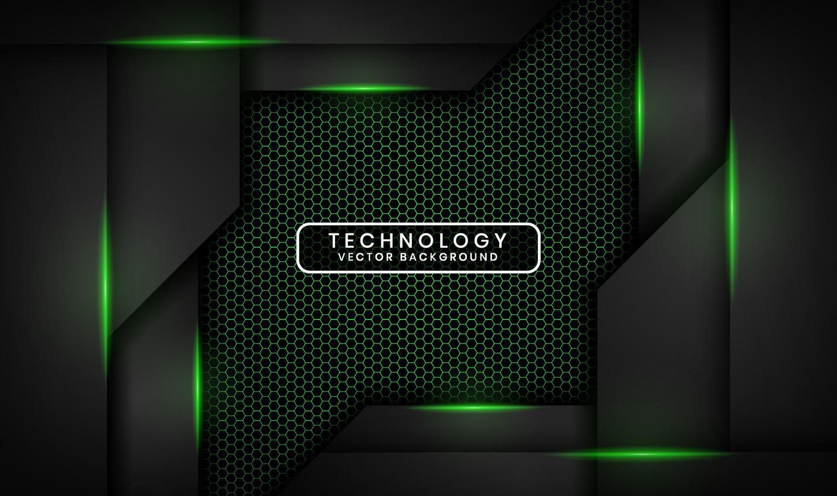 3D black technology abstract background overlap layer on dark space with green light effect decoration. Graphic design element future style concept for banner, flyer, brochure cover, or landing page vector
