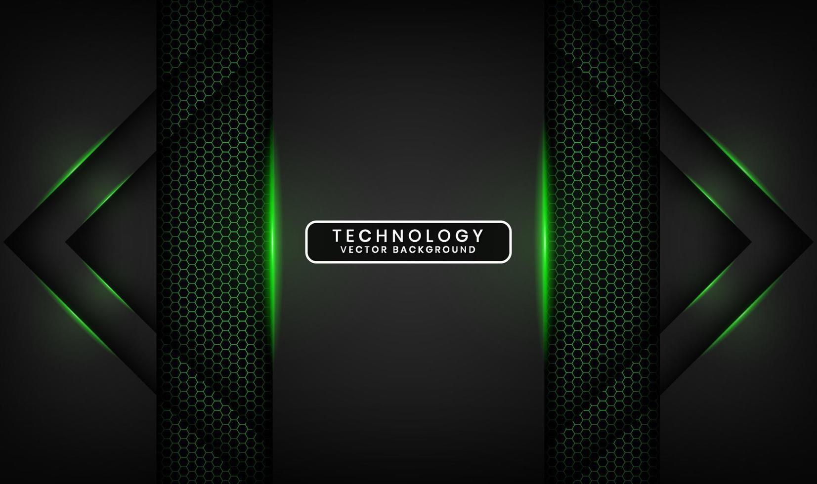 3D black technology abstract background overlap layer on dark space with green light effect decoration. Graphic design element future style concept for banner, flyer, brochure cover, or landing page vector