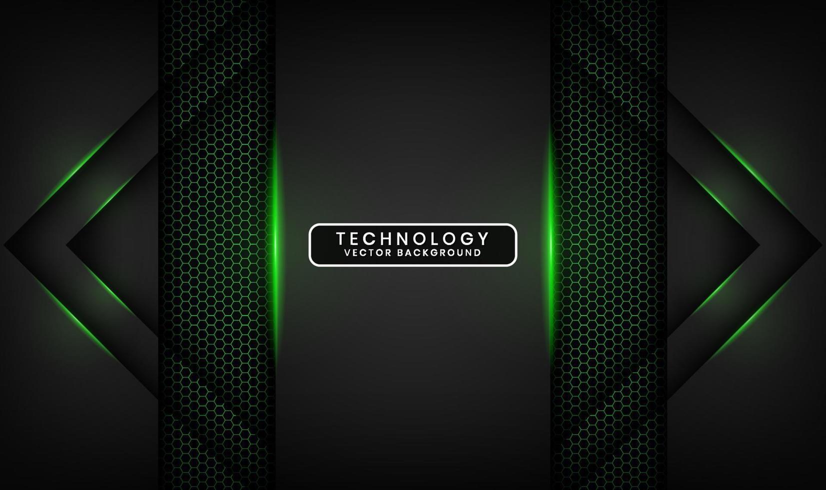 Capa de superposición de fondo abstracto de tecnología negra 3d en espacio oscuro con decoración de efecto de luz verde. elemento de diseño gráfico concepto de estilo futuro para banner, volante, portada de folleto o página de destino vector