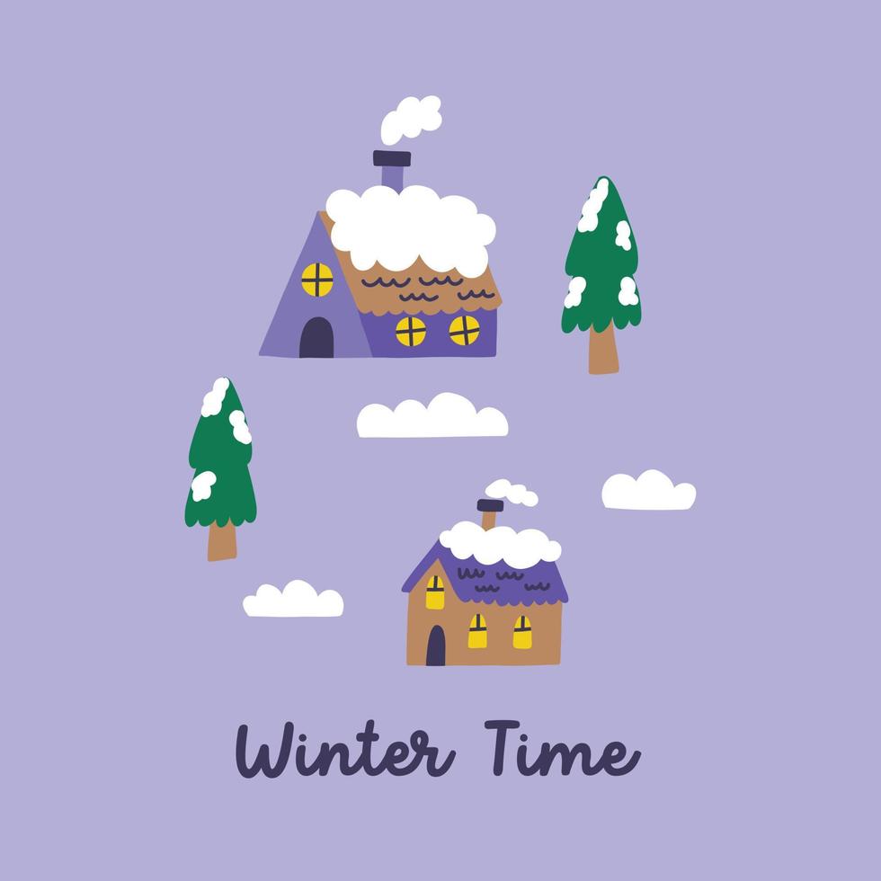 Winter time print snowy houses vector