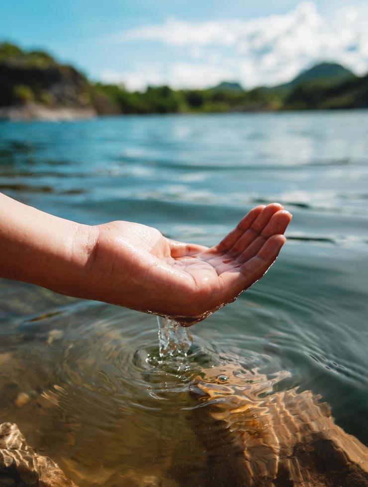 hand holding water in pond photo