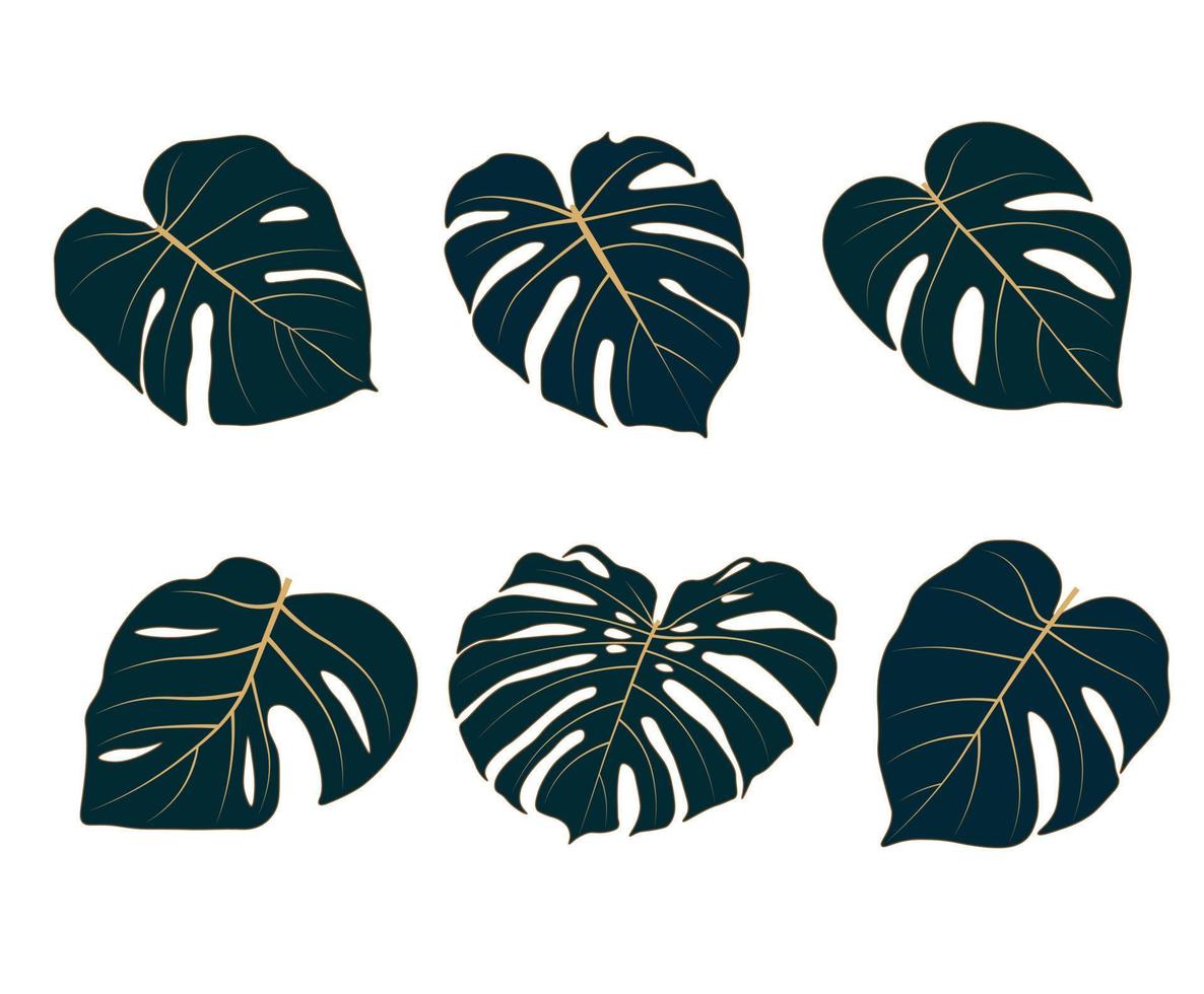 Vector stock illustration of tropical leaves. Monstera leaves. Watercolor greenery plant. Template for stickers, stencil. Close-up of tropical leaves isolated on a white background. Flat style.