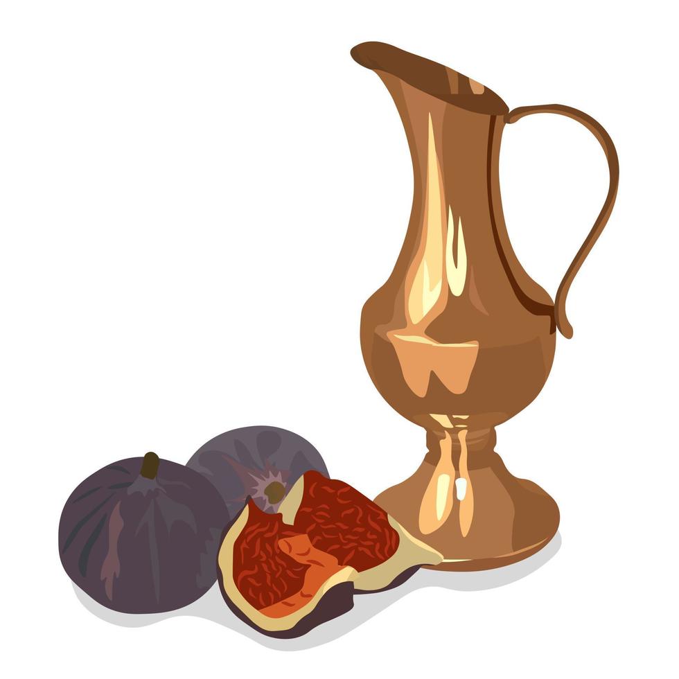 Copper jug with dates vector stock illustration. Oriental brass Arabic pot. Indian ceramics. Breakfast. Isolated on a white background.