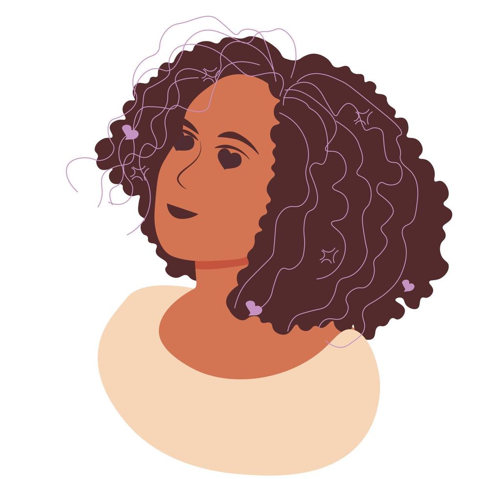 Hairstyling. Beauty fashion portrait of young beautiful woman with volume,curly hair . Vector stock illustration. Curls. Isolated on a white background.
