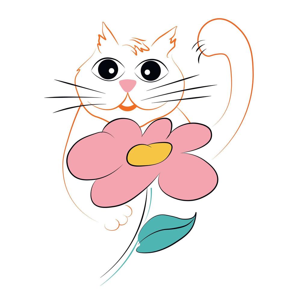 The kitten is holding a flower in his hand. Vector stock illustration. Isolated on a white background.