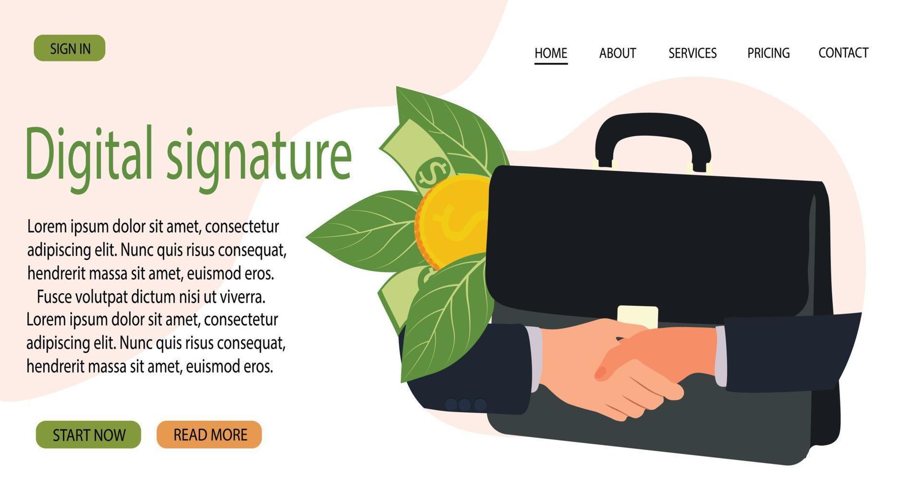 Make a deal - shaking hands. Digital signature. Portfolio of documents, business. Vector illustration for website banner, marketing material, business presentation, online advertising.