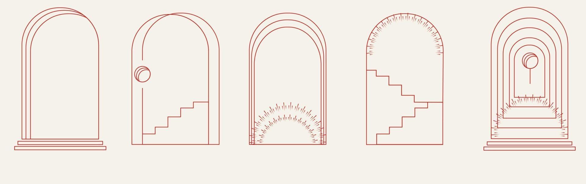 Esoteric linear logos in Boho style and frame elements. Vector stock illustration. Beige tone. Bohemian Linear