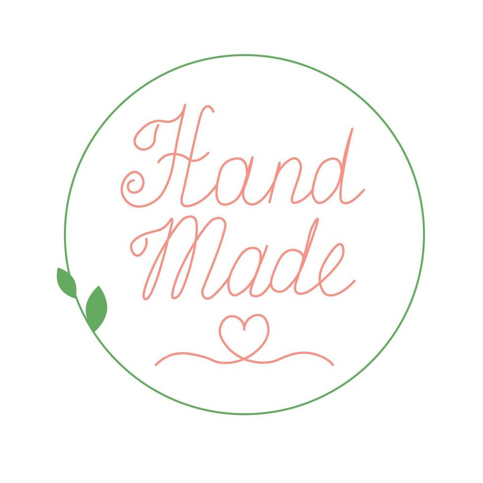 Label or logo with lettering hand made. Thin line inscription handmade, made with love, craft product on white. Vector stock illustration. Isolated on a white background.