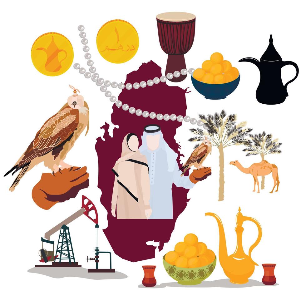 qatar y sus atracciones vector stock ilustración. palma, camello, masulmani, postres orientales, teteras, perlas, extraccion de aceite, tambores, tetera oriental y dulces luqaima.