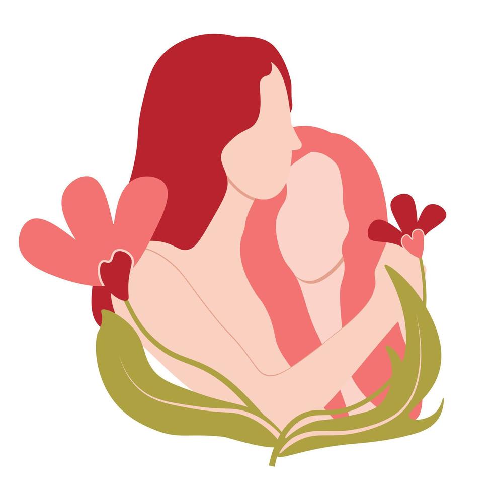 hugs of mom and daughter. Vector stock illustration. joyful celebration of Happy Mother's Day, a mother with a baby in her arms, surrounded by flowers