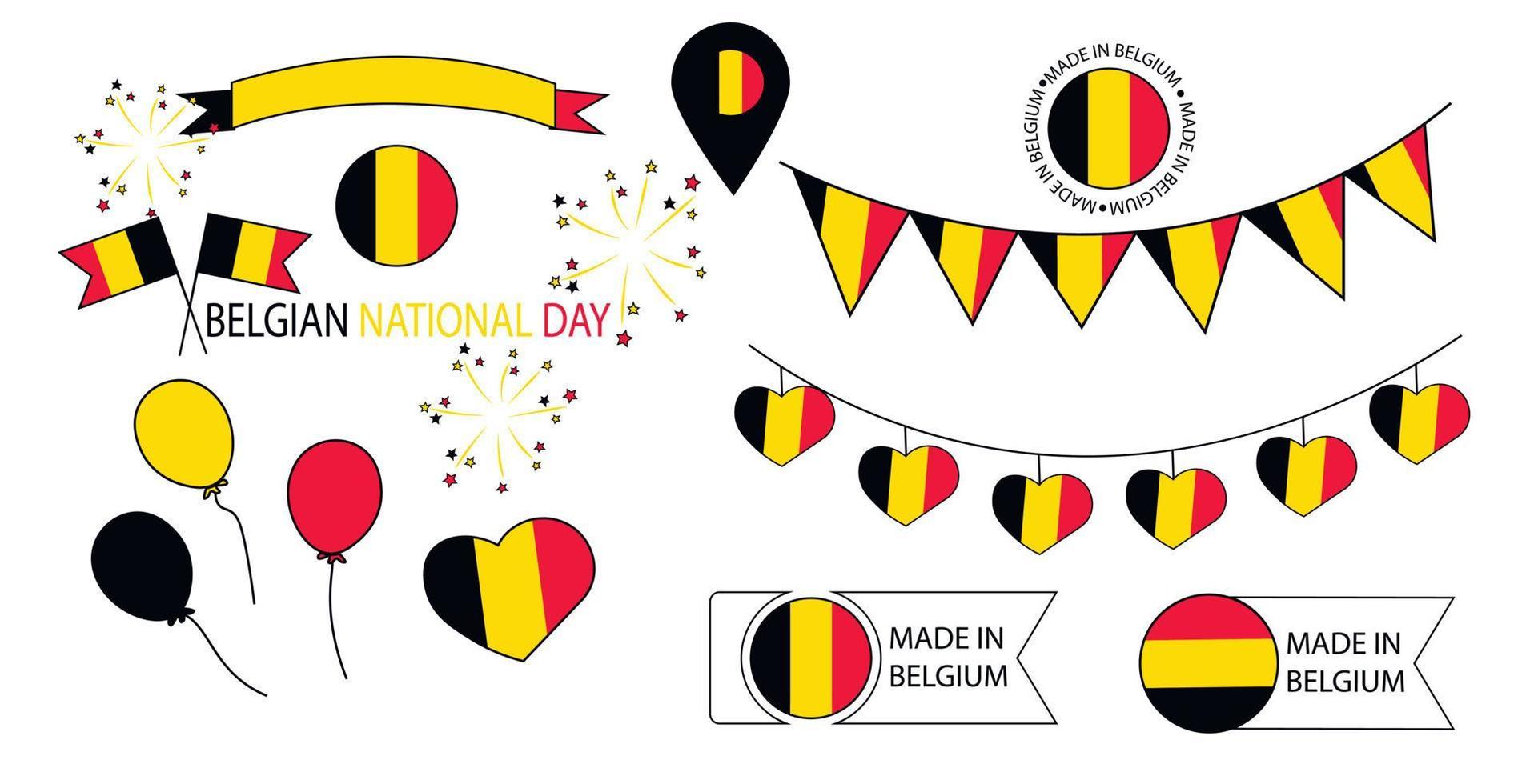 Independence Day of Belgium vector stock illustration. July 21. Elements for design. Flags, garlands, fireworks, fireworks, balloon. Isolated on a white background.