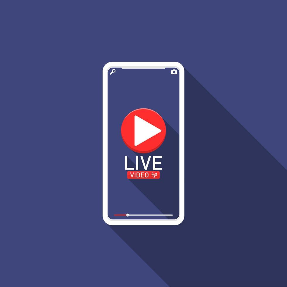 Flat long shadow design, Live video on smartphone, Marketing illustration online. vector