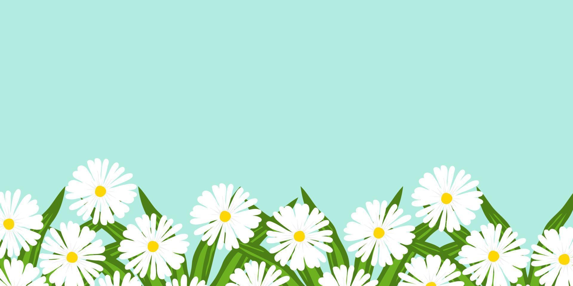 flores de ilustración plana con hojas, fondo de flores horizontales decorado, primavera natural y jardín de verano. vector