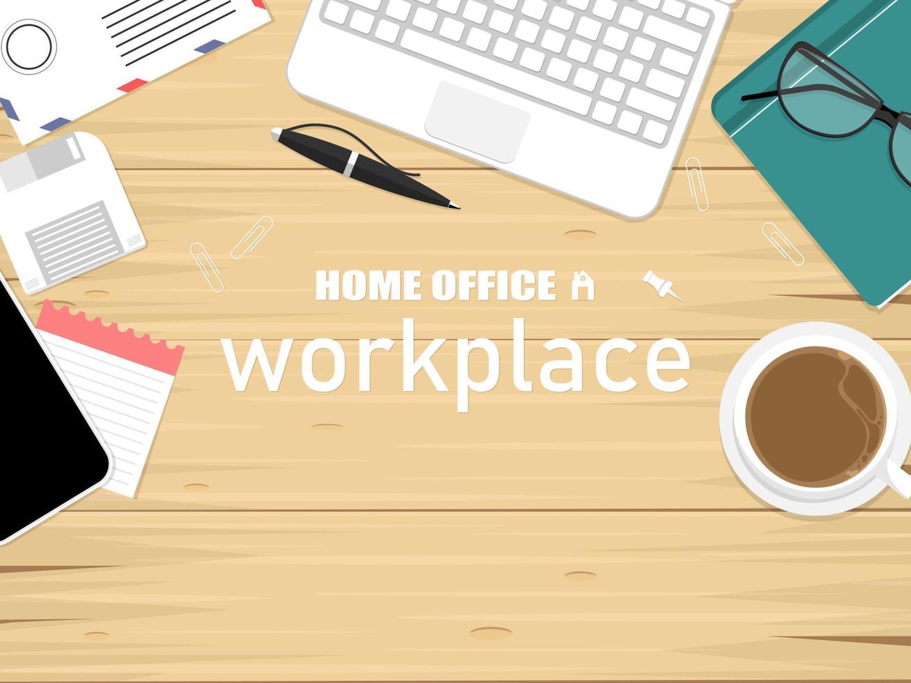 diseño de escritorio de mesa de madera de vista superior, creativo superior para el lugar de trabajo de la oficina en casa, ilustración de marketing en línea. vector