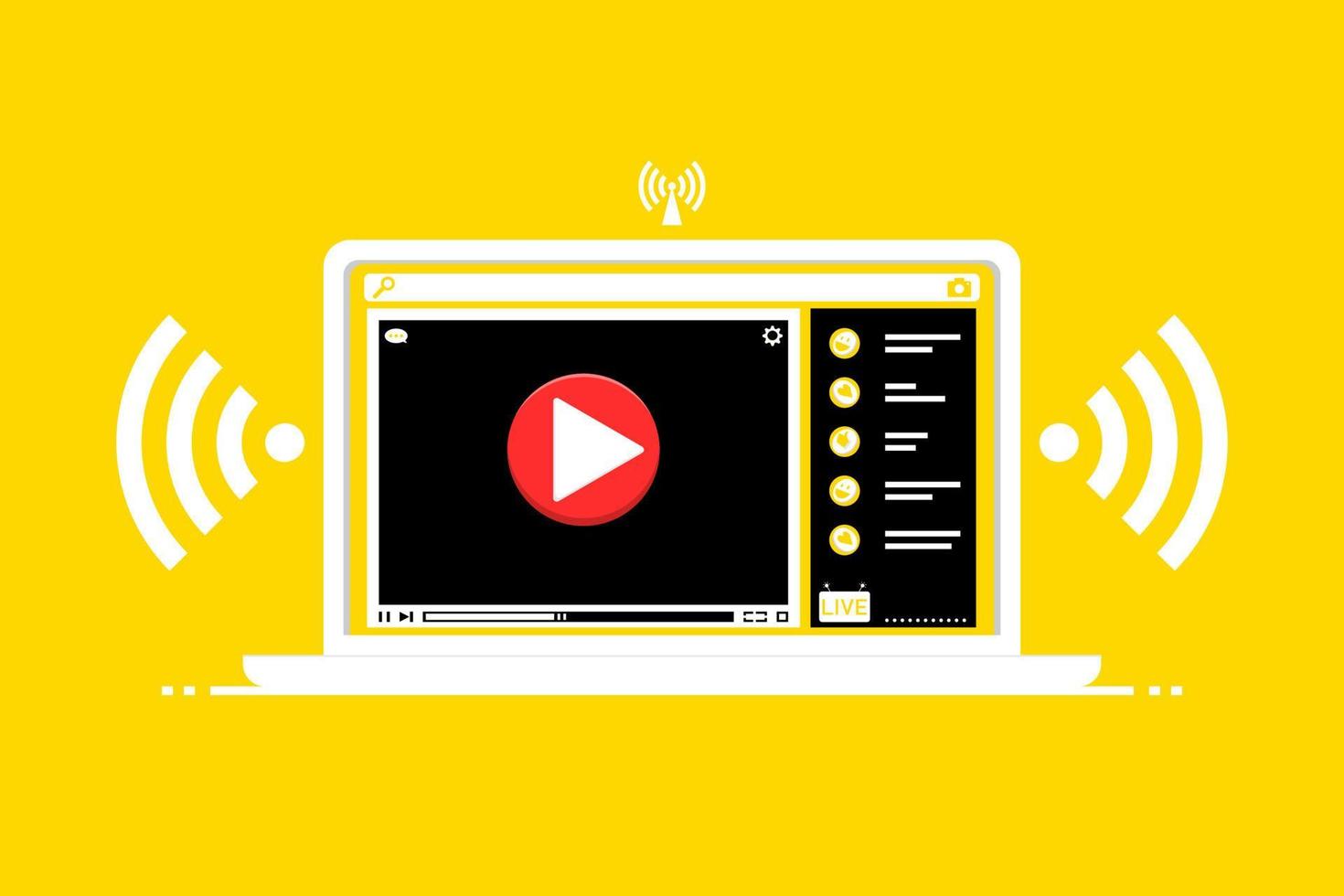 Laptop playing video online, Vector design live stream on laptop, Marketing illustration online.