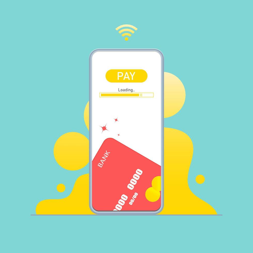 diseño de smartphone vectorial, pago en línea en smartphone con tarjeta de crédito, ilustración de marketing digital en línea. vector