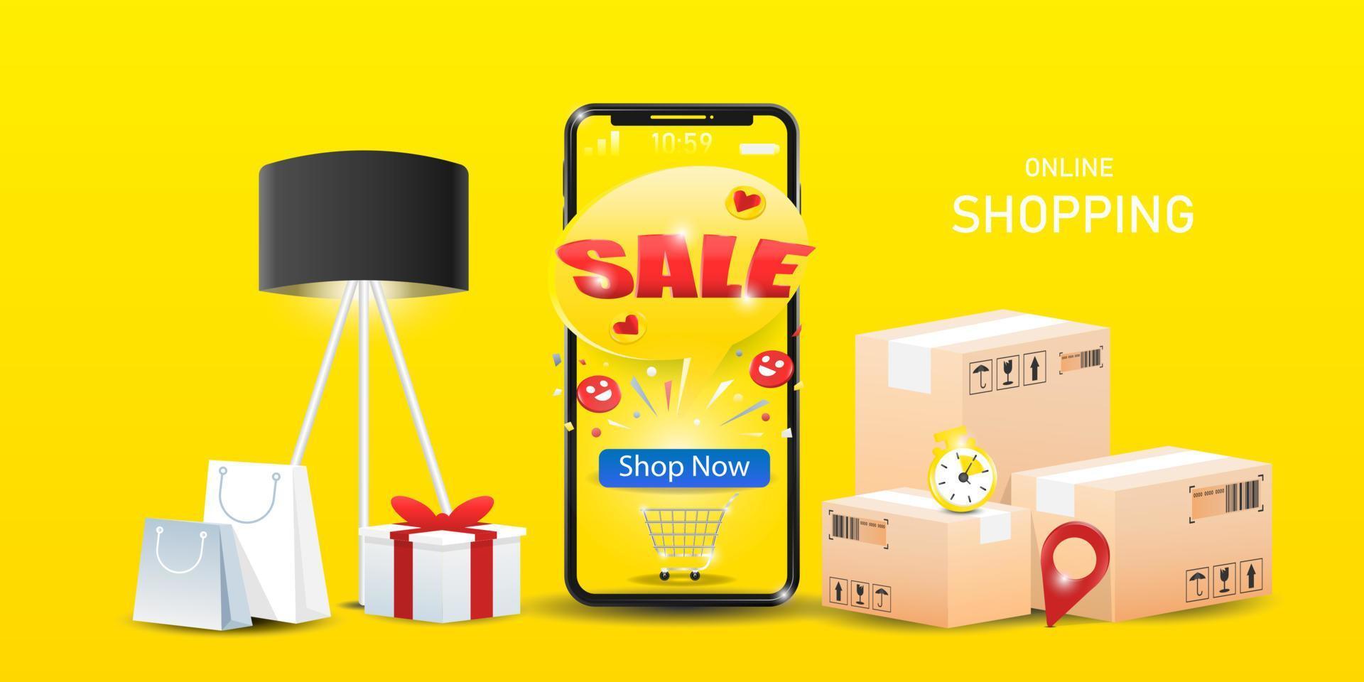 Vector create shopping online design, Shopping online on smartphone with products pile, Digital marketing illustration.