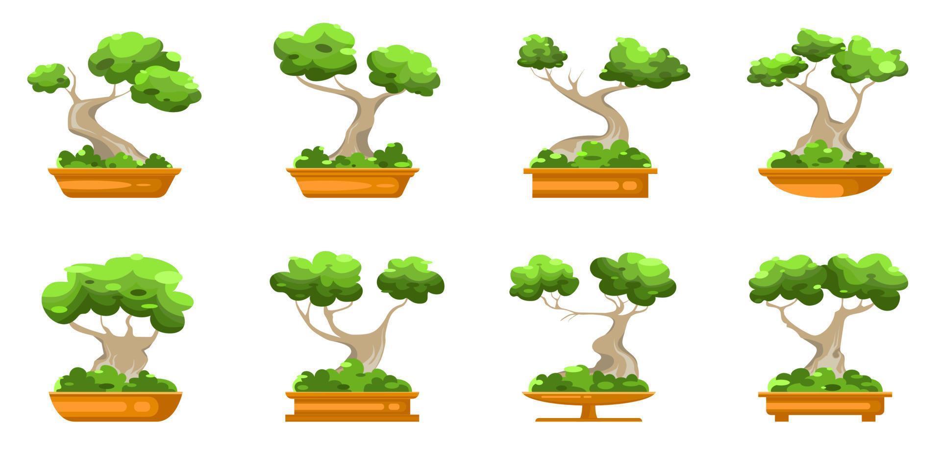 Vector different design of trees pot, Set collection trees in ceramic pot on isolated background, Cartoon natural decoration.